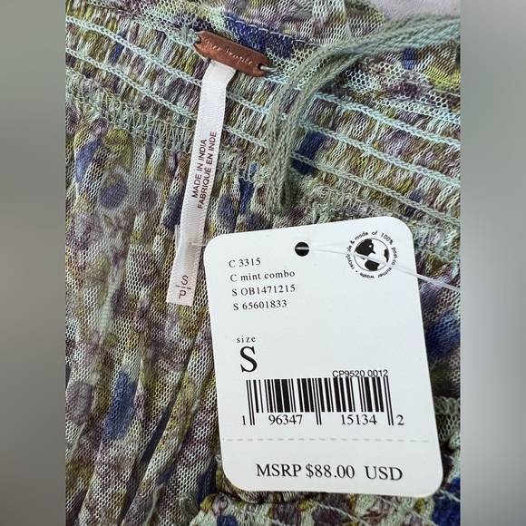 Free People Beatrice Ruffle Blouse Top Floral Printed Smocked‎ Cropped Sz S NWT - Picture 7 of 12